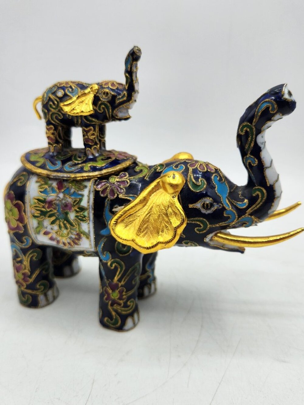 Vintage Cloisonne Elephant Figurine Trinket Boxwith Baby Elephant on Top